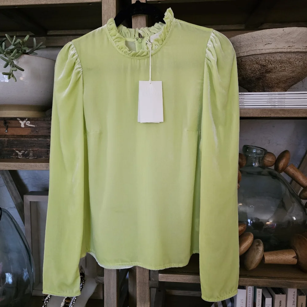 Ulla Johnson Marlena Pistachio Silk Blend Bohemian Velvet Blouse NWT